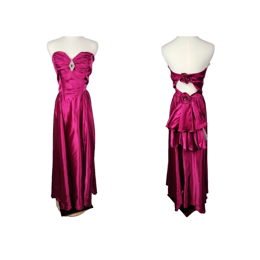 Vintage ILGWU 80s Fuchsia Pink Satin Strapless Ball Gown Prom Dress Vtg 9 XS/S